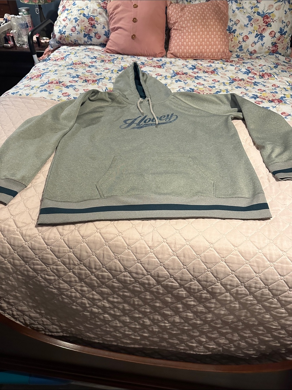 Hooey gray  Hoodie with Dark navy Trim. Kangaroo pocket. Light blue logo.